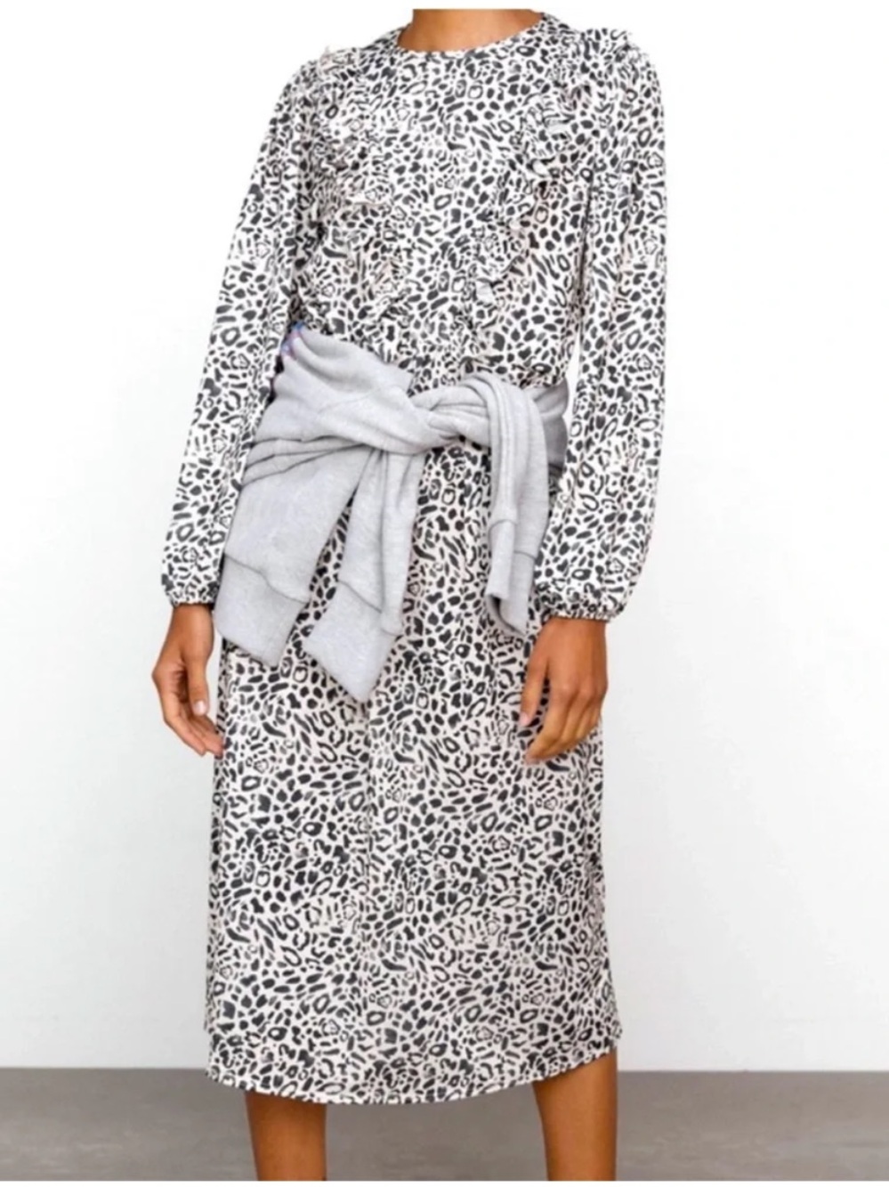 Zara Leopard Ruffle Detail Long Sleeve Midi Dress size M NWT